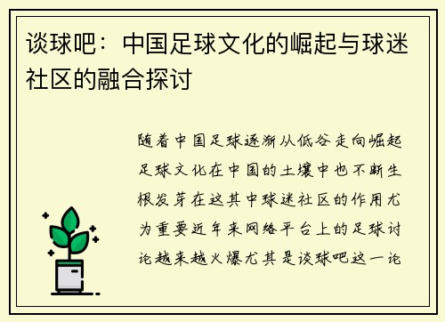 谈球吧：中国足球文化的崛起与球迷社区的融合探讨