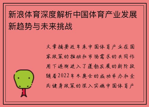 新浪体育深度解析中国体育产业发展新趋势与未来挑战